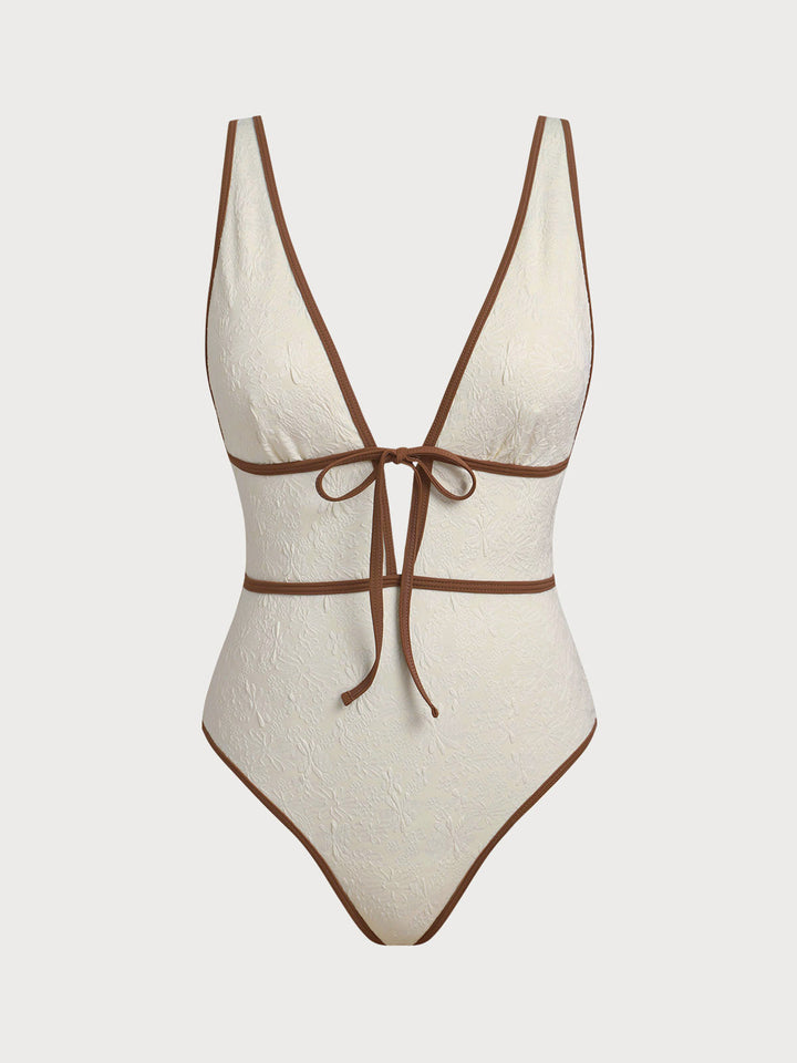 Off White V Neck Tie One-Piece Swimsuit