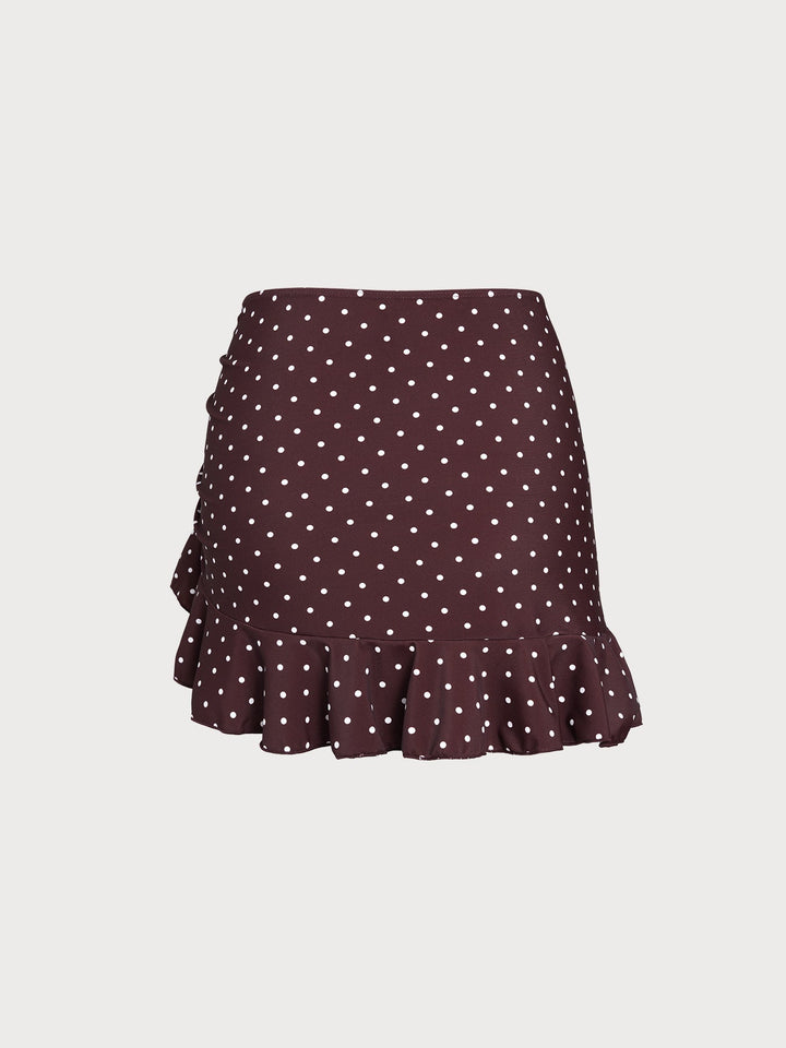 Hnedá sukňa s bodkami a viazaním na prednej strane